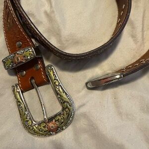 Leather tooled western belt with rhinestones